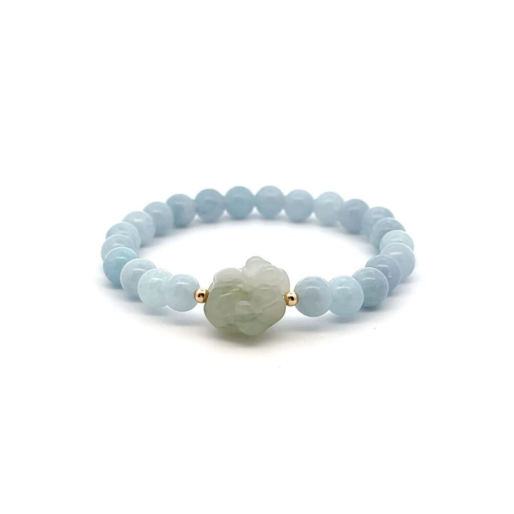 Natural Aquamarine Gemstones Stretch Bracelet and Carved Paw Jade 18k Tiny Beads